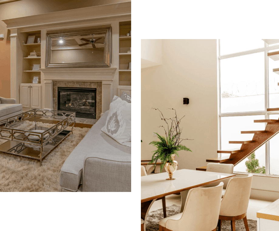 A living room and dining room with a fireplace.